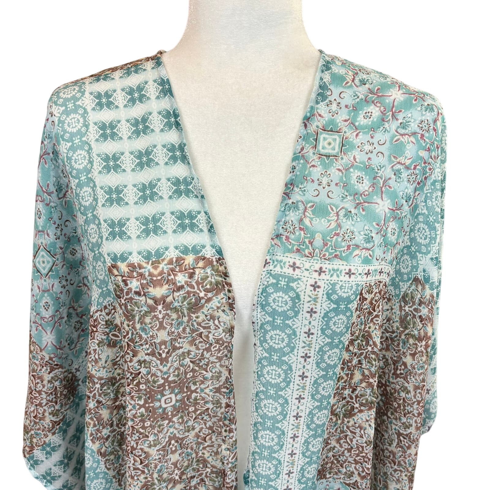 Boho Kimono Small Blue Beachy Cottagecore Paisley Floral Patchwork Flowy